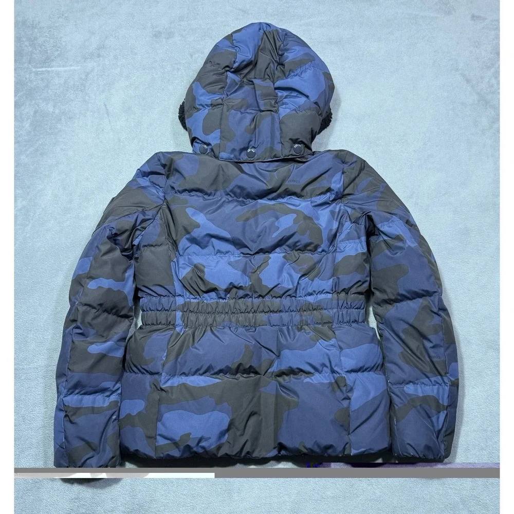 Coach Puffer Jacket Womens S Blue Camo Goose Down Sherpa Hood